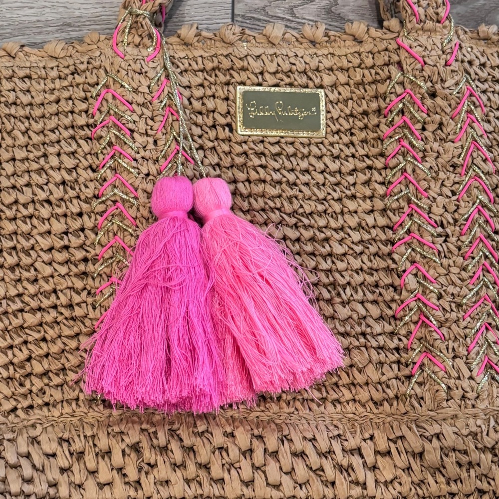 Lilly Pulitzer Natural Nosara Straw Tote Bag Womens Large Pink Tassel Beach Bag - Picture 2 of 9